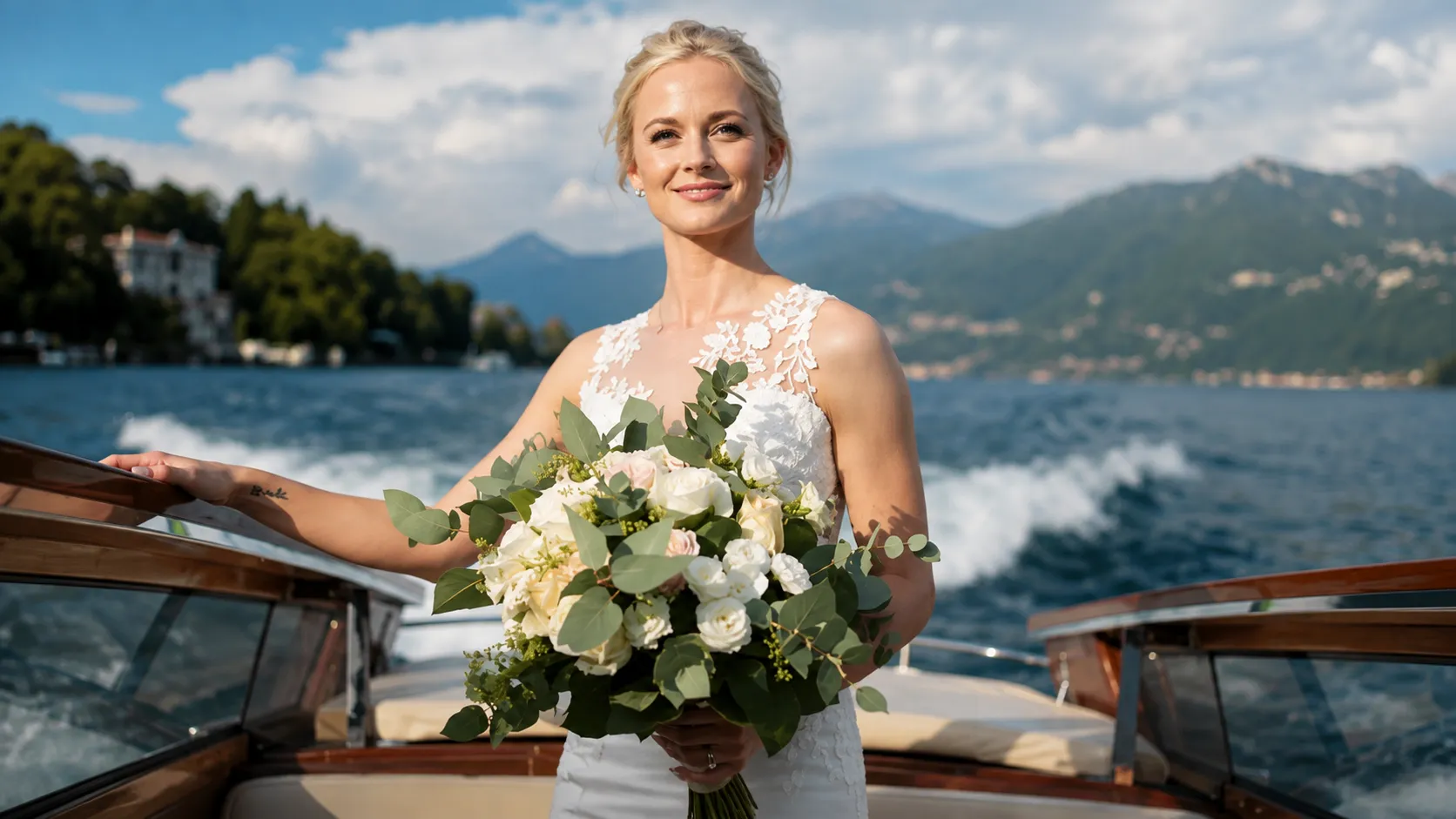 bride on a boat lake como balbianello